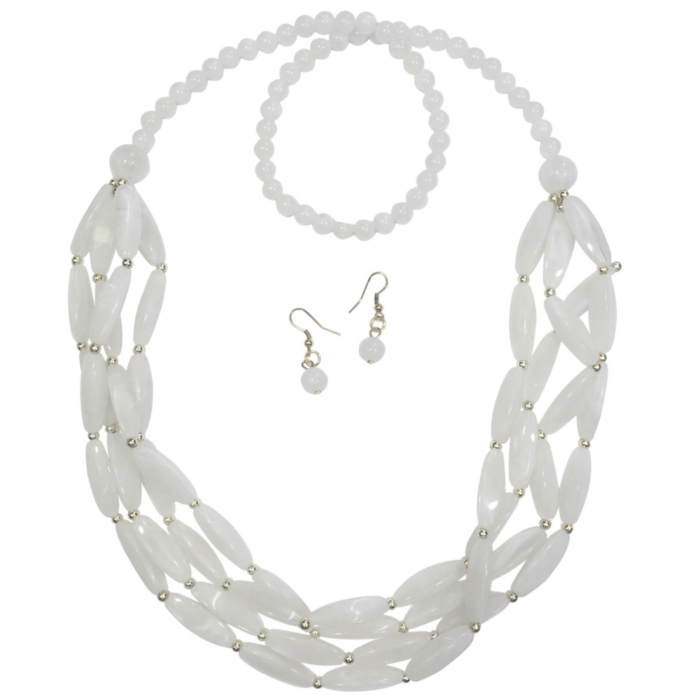 White Beaded Long Layered Necklace Earrings Set